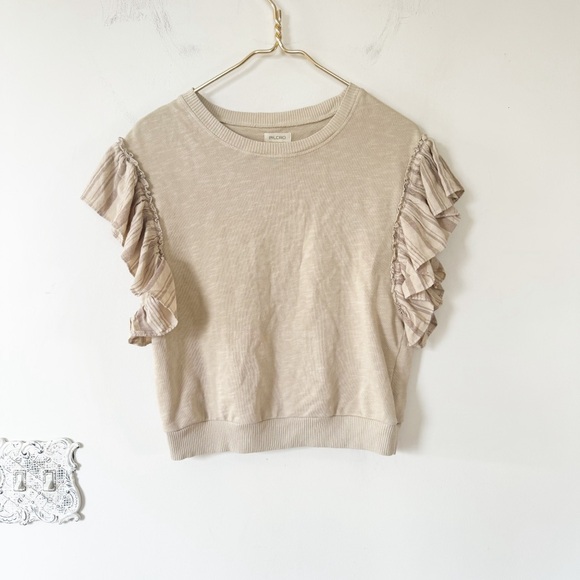 NWOT Anthropologie Pilcro Beige Tan Chambray Flutter Ruffle Sleeve Sweatshirt XS - Picture 3 of 10